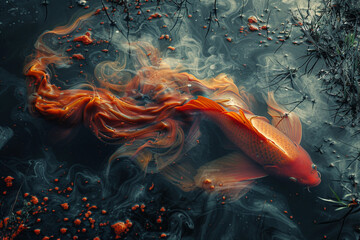 Colorful koi fish swim in a peaceful pond, oblivious to the fire burning on the shore - obrazy, fototapety, plakaty