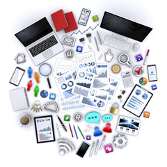 ビジネスアイテムのデスクトップビュー、3dレンダリング