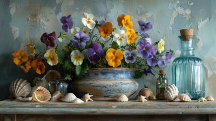 Pansies in a Potted Arrangement with Seashells Pebbles and Glass Bottles A Vibrant Still Life of Seasonal Blooms by the Shore