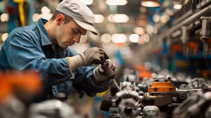 Assembly line worker assembling automotive parts
