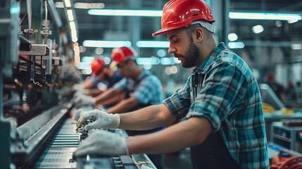Assembly line workers adjusting machinery settings