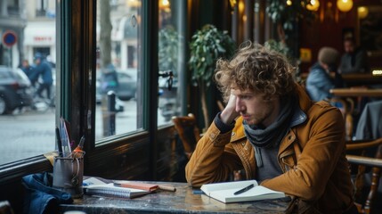 An image of the filmmaker taking a break from the chaos of a film set sitting alone in a quiet cafÃ© with a notebook and pen deep in thought and planning their next project. .
