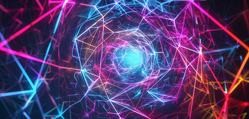 Vibrant neon threads weaving through a geometric void, representing the interconnected web of futuristic communication - obrazy, fototapety, plakaty