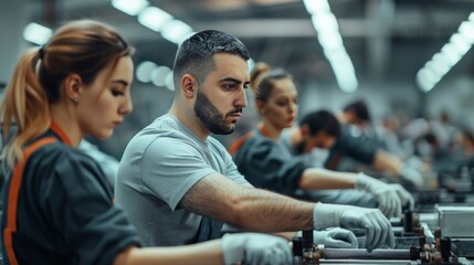 Assembly line workers in focused concentration