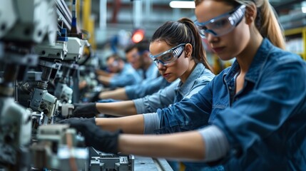 Assembly line workers in focused concentration