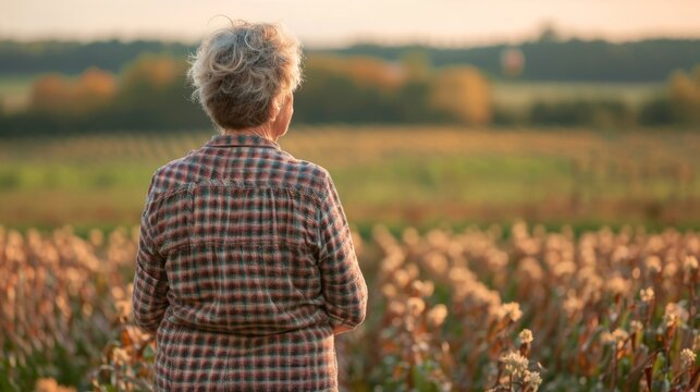 A middleaged woman stands with back to the camera hands clasped behind as surveys the crop fields with a sense of pride . .