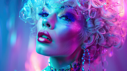 an elegant drag queen in colorful makeup and wigs, posing on stage with dramatic lighting and colorful backdrops - obrazy, fototapety, plakaty