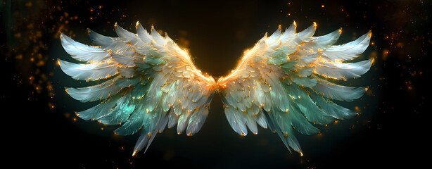 Angel mythology, mystery: colorful arty spreaded angel wings on black background. A magic inspiration, beautiful mystic wall art, poster, tattoo template etc. - obrazy, fototapety, plakaty