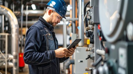 Boiler technician maintaining heating systems in factory