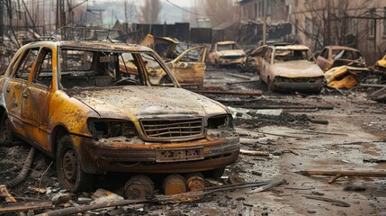 Burned-out vehicles and debris littering urban areas
