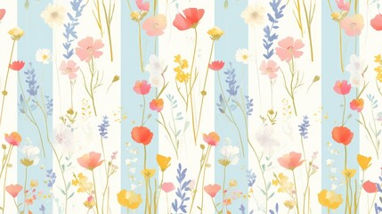 An adorable and simple summer background featuring a pattern in soft pastel hues adorned with delicate blue stripes and small wildflowers This charming 2d illustration is lovingly 
