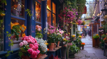 A picturesque scene of a florists shop the windows bursting with brilliant blossoms that seem to glow against the muted city street outside. . - obrazy, fototapety, plakaty