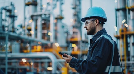 Chemical plant worker monitoring industrial processe