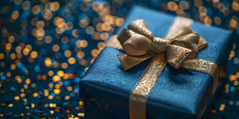 Elegant blue gift box with golden bow on a dark blue background, perfect for greeting cards for various occasions