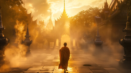 Monks walk quietly through the serene temple grounds. The tranquility and spiritual devotion of monkshood. Generative AI. 