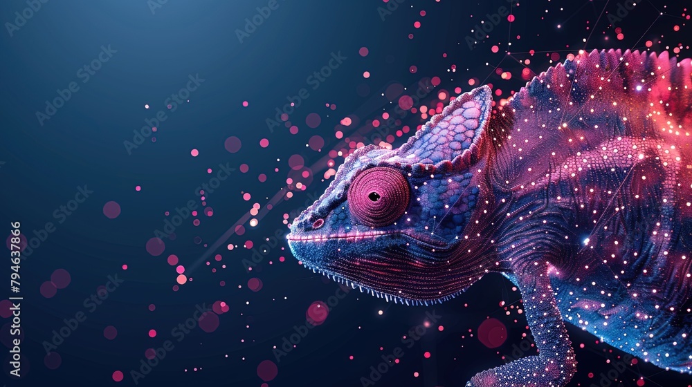 Wall mural digital chameleon in neon colors. big data visualization. information aesthetic design. animal learn