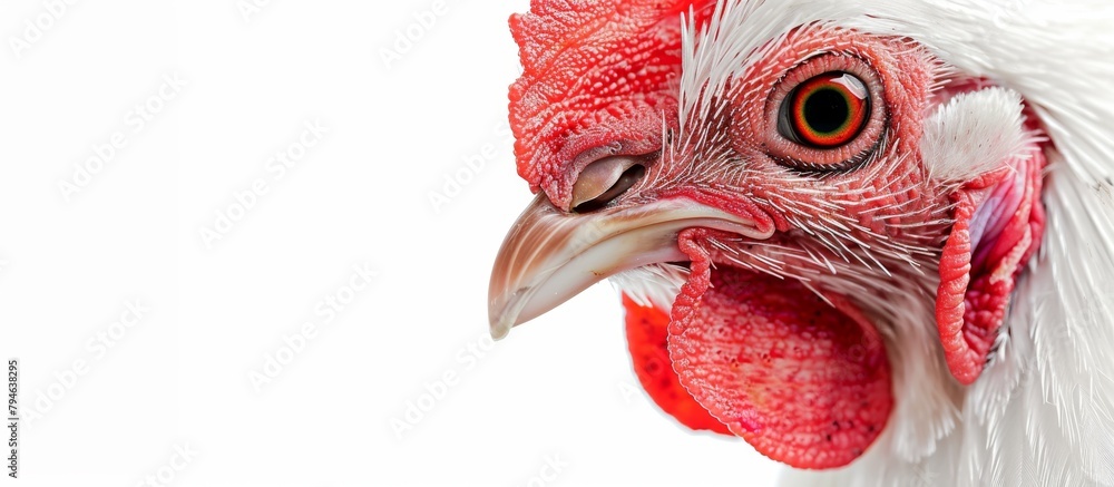 Poster the image showcases a vivid close-up of a chicken displaying a red beak and fluffy white feathers, c