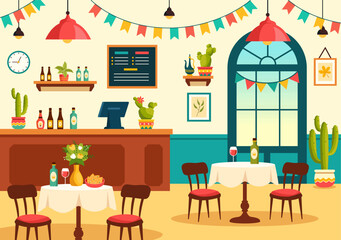 Mexican Food Restaurant Vector Illustration with Various of Delicious Traditional Cuisine Tacos, Nachos and Other on Flat Cartoon Background
