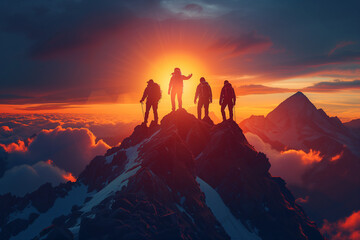 Group of hiking people having success on mountain top