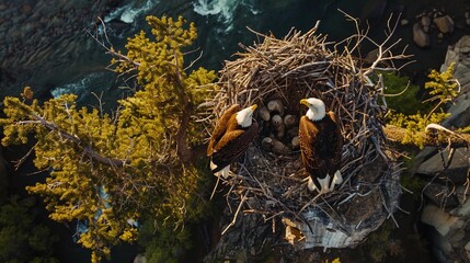 Naklejka na ściany i meble Aerial View Captured by Drone of Two Bald Eagles and Their Eaglets Sitting Their Nest. Biodiversity, Birdwatching, and Wildlife Themes. AI Generated