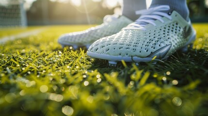 Close-up of soccer cleats on the grassy field