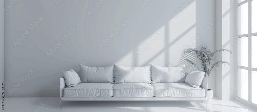 Poster white couch placed in a room with a large window letting in natural light