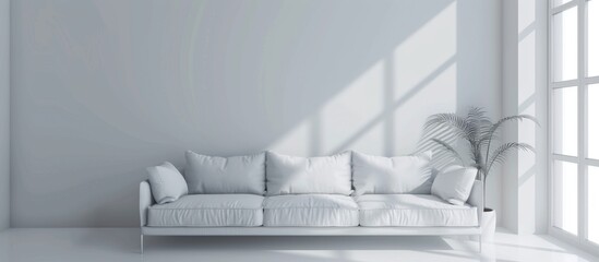 White couch placed in a room with a large window letting in natural light