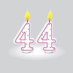 Birthday candle numbers four four. Colorful confetti design. Celebration numeral decoration. Vector illustration. EPS 10.