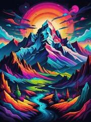 Fototapeta premium Creative illustration mountain with colorful triangles and chaotic geometric patterns against a beige background