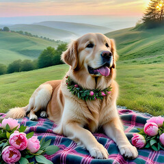a golden retriever sits on a blanket in a field among flowers. dog on a picnic.
