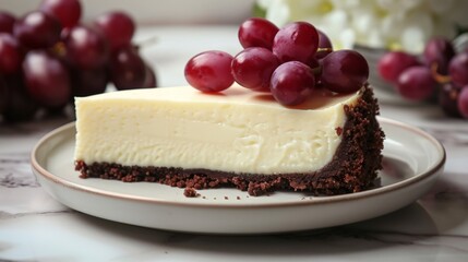 A slice of cake topped with grapes on a plate