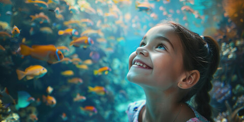A young girl joyfully smiles while looking up at the vibrant fish swimming in an aquarium,...