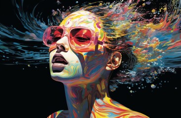 a fantasy woman gracefully swims alone amidst vibrant blue waves, her surroundings reflecting a mesmerizing array of rainbow hues, evoking a sense of enchantment and beauty.