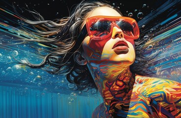 a fantasy woman gracefully swims alone amidst vibrant blue waves, her surroundings reflecting a mesmerizing array of rainbow hues, evoking a sense of enchantment and beauty.