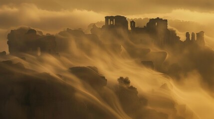 Delicate swirls of fog and mist in the foreground create a dreamlike effect drawing attention to the muted and fading remnants of a onceglorious empire in the background. .