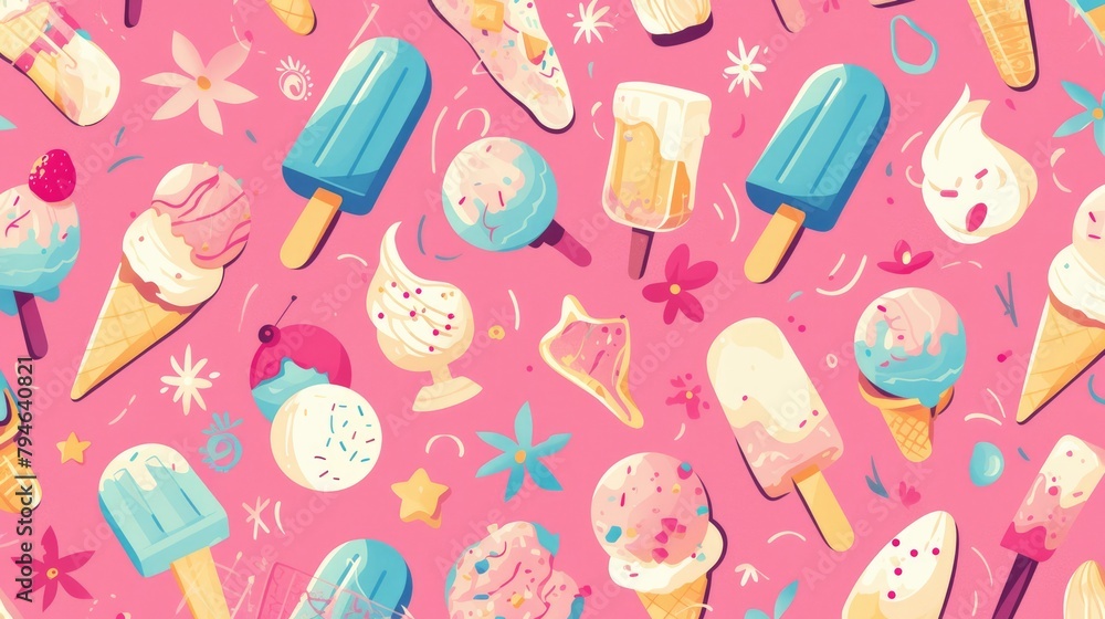 Poster a whimsical pattern featuring pink ice cream in a playful cartoon design creating a charming decorat