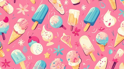 A whimsical pattern featuring pink ice cream in a playful cartoon design creating a charming decorative texture
