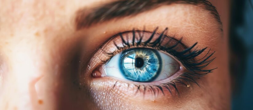 Detailed shot featuring a female eye with striking blue iris and beautifully long eyelashes