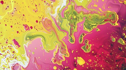 Whirling patterns of fuchsia lime green and yellow collide to form a visually striking and psychedelic composition. - obrazy, fototapety, plakaty