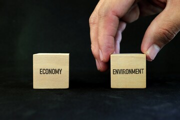 Economy versus environment concept. Human hand picking up wooden block.