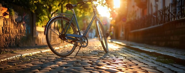 A vintage bicycle leaning against an old cobblestone street, bathed in the golden glow of sunset - Powered by Adobe