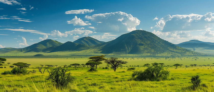 green savanna with mountain and blue sky in background