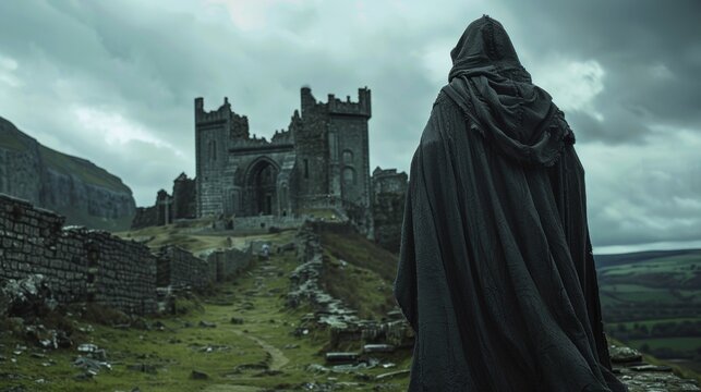 A mysterious figure cloaked in a hooded cloak stands with back to the camera as they survey the vastness of the deserted castle . .