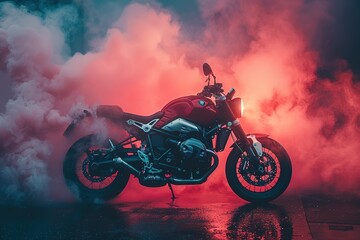 Smoke on background with High power motorcycle at night copy space for text