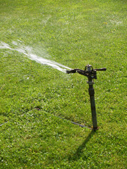 Sprinkler Spraying Water On Green Grass Lawn At Park