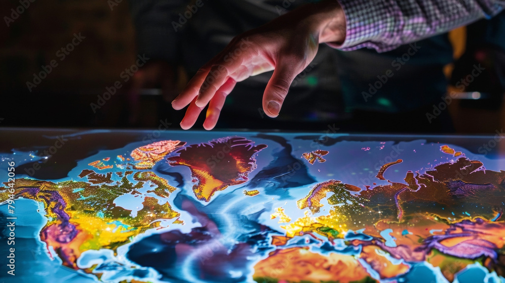 Poster a holographic map of the world hovers above a table its vibrant colors and realistic topography draw