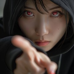 a beautiful girl, her eyes colored with determination, exudes anger and seriousness as she wears a black coat with a hood, creating a striking and captivating image.