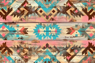 Naklejka premium Colorful Tribal Pattern on Wooden Texture