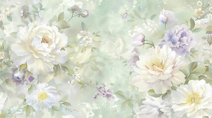 Beautiful floral patterns, pastel colors paired with delicate floral patterns and large flowers in white, cream, beige, lavender, turquoise