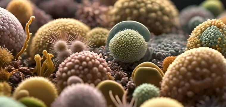 A close-up image capturing the intricate details of various types of microscopic organisms including fungi and bacteria